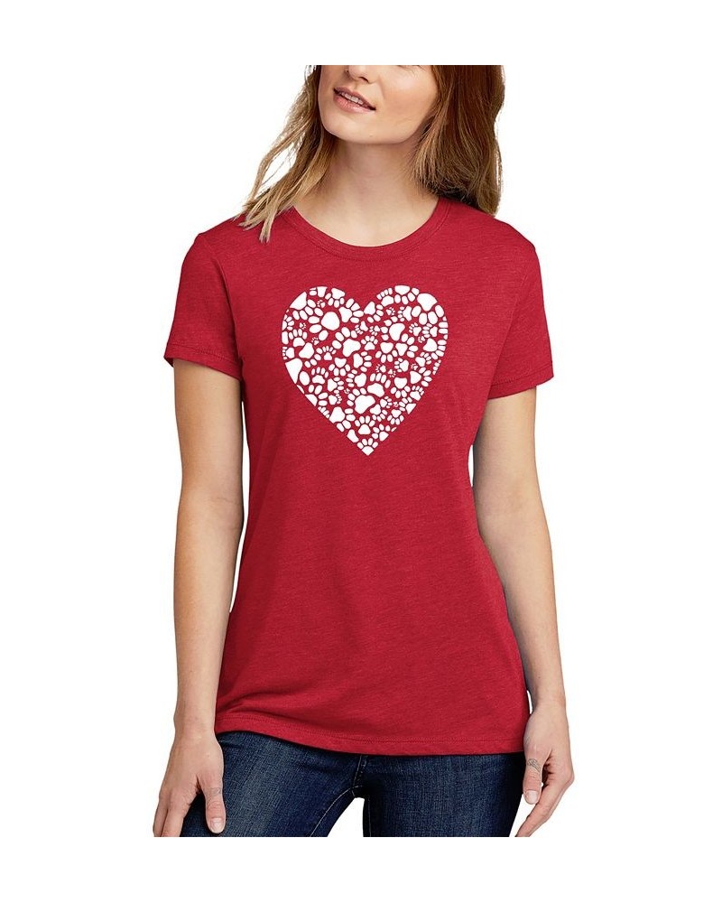 Women's Premium Blend Word Art Paw Prints Heart T-Shirt Red $17.60 Tops