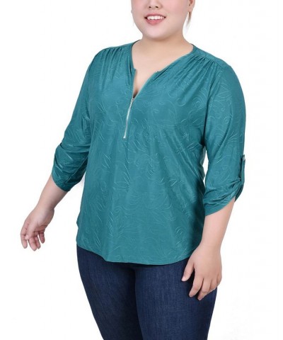 Plus Size 3/4 Roll Tab Zip Front Jacquard Knit Top Green $15.48 Tops