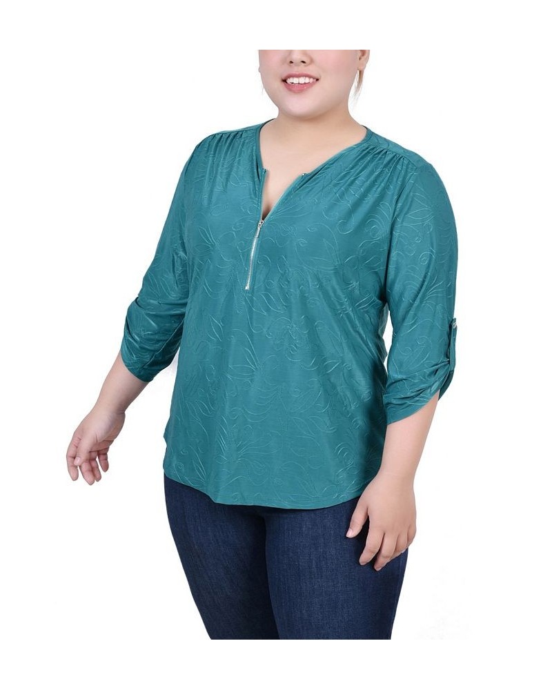 Plus Size 3/4 Roll Tab Zip Front Jacquard Knit Top Green $15.48 Tops