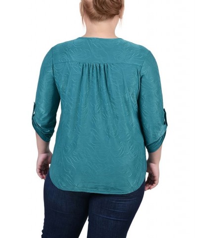 Plus Size 3/4 Roll Tab Zip Front Jacquard Knit Top Green $15.48 Tops