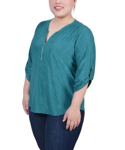 Plus Size 3/4 Roll Tab Zip Front Jacquard Knit Top Green $15.48 Tops