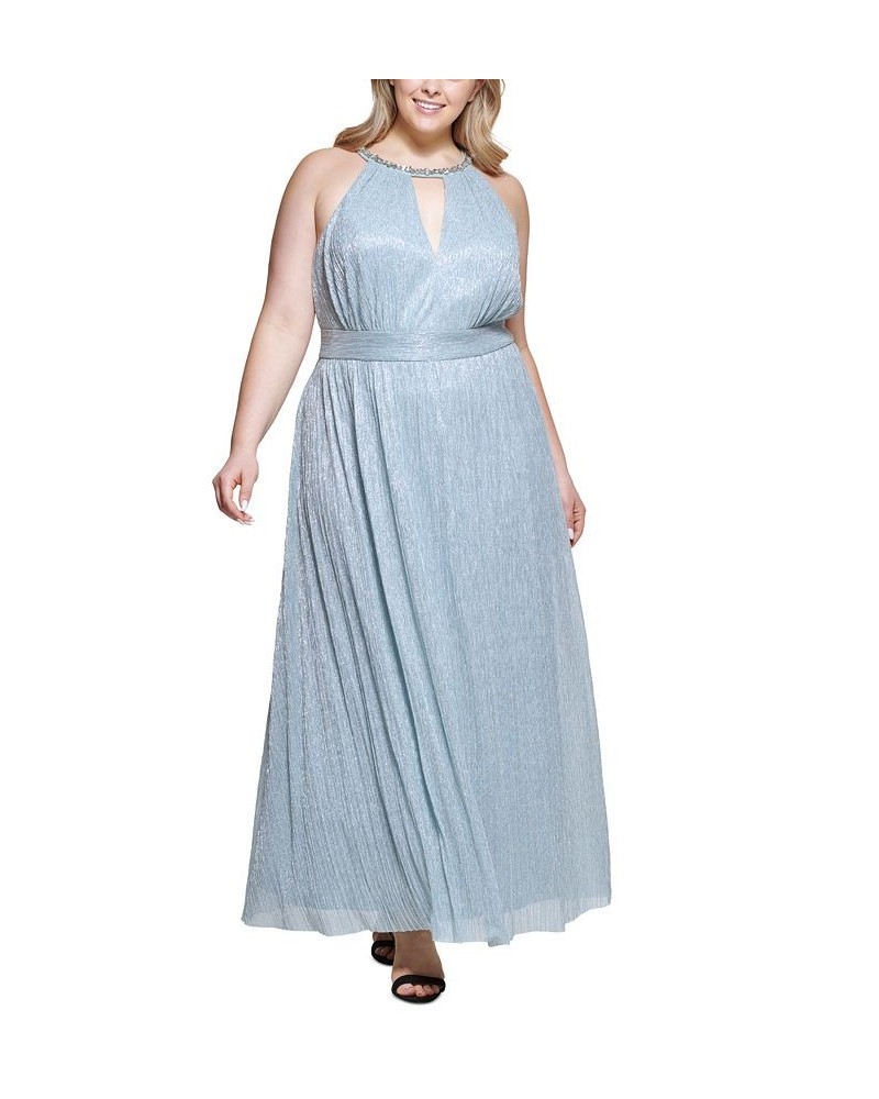 Plus Size Embellished Halter Metallic Gown Sky Blue $89.44 Dresses