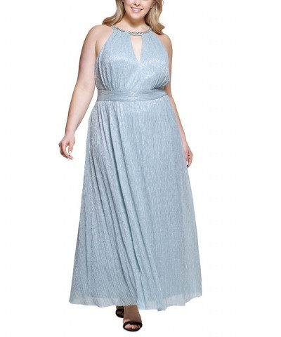 Plus Size Embellished Halter Metallic Gown Sky Blue $89.44 Dresses