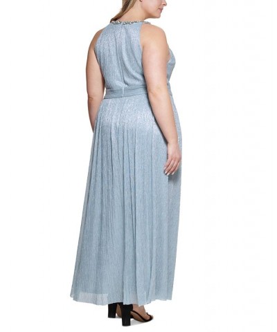 Plus Size Embellished Halter Metallic Gown Sky Blue $89.44 Dresses