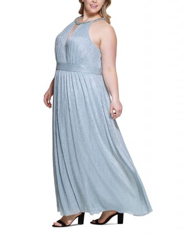 Plus Size Embellished Halter Metallic Gown Sky Blue $89.44 Dresses