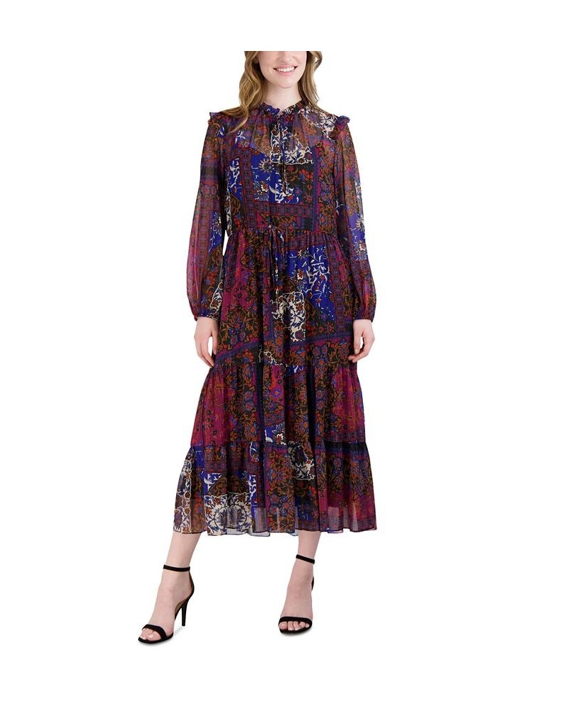 Women's Split-Neck Peasant Maxi Dress Black Multi $62.55 Dresses