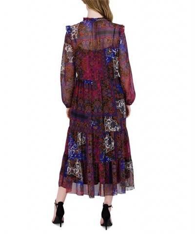 Women's Split-Neck Peasant Maxi Dress Black Multi $62.55 Dresses