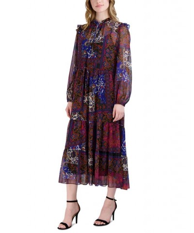 Women's Split-Neck Peasant Maxi Dress Black Multi $62.55 Dresses