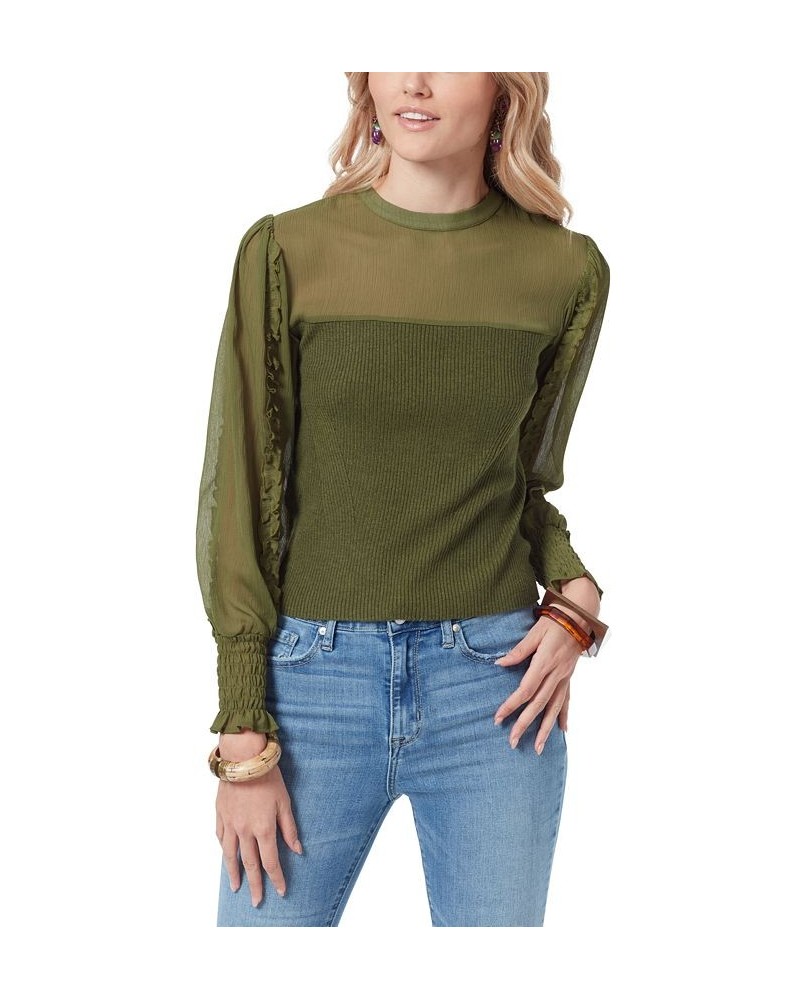 Julian Sheer Ruffle Sleeve Sweater Green $37.48 Sweaters