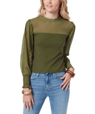 Julian Sheer Ruffle Sleeve Sweater Green $37.48 Sweaters