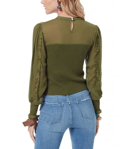 Julian Sheer Ruffle Sleeve Sweater Green $37.48 Sweaters