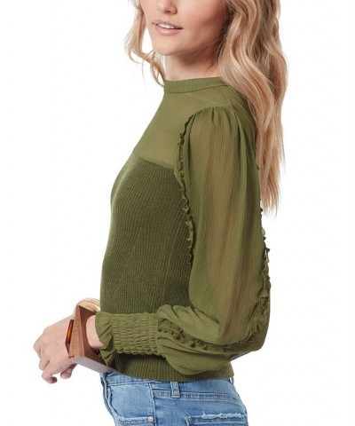 Julian Sheer Ruffle Sleeve Sweater Green $37.48 Sweaters