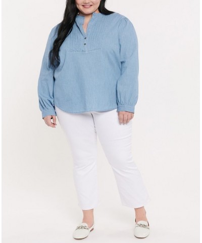 Plus Size Denim Shirt with Pleated Front Light Stone $37.92 Tops