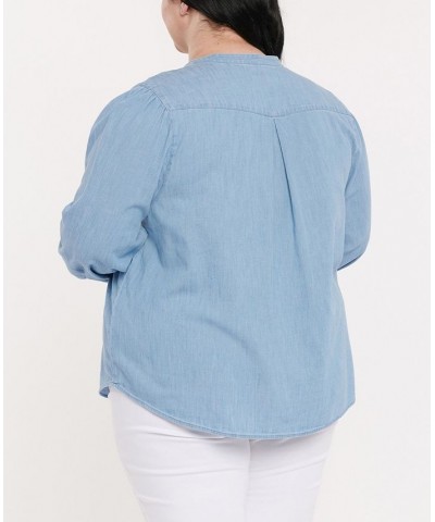 Plus Size Denim Shirt with Pleated Front Light Stone $37.92 Tops