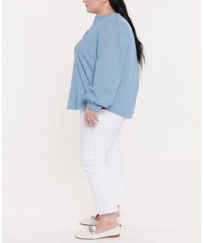 Plus Size Denim Shirt with Pleated Front Light Stone $37.92 Tops