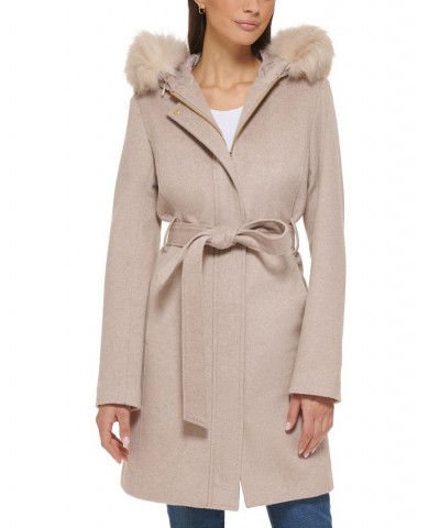 Women's Belted Faux-Fur-Trim Hooded Coat Tan/Beige $100.00 Coats