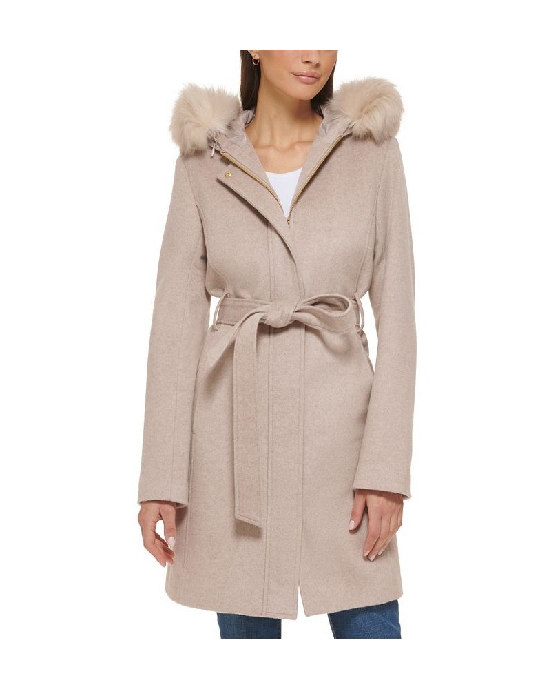 Women's Belted Faux-Fur-Trim Hooded Coat Tan/Beige $100.00 Coats