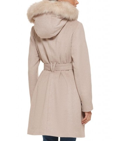 Women's Belted Faux-Fur-Trim Hooded Coat Tan/Beige $100.00 Coats