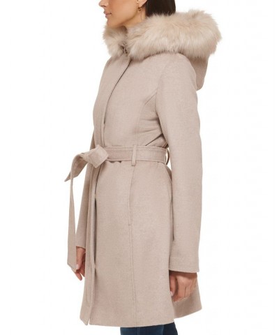 Women's Belted Faux-Fur-Trim Hooded Coat Tan/Beige $100.00 Coats