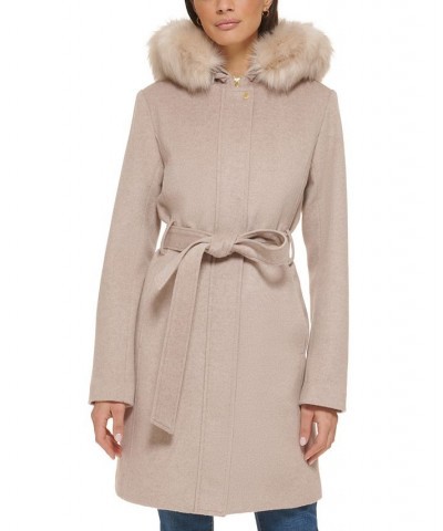 Women's Belted Faux-Fur-Trim Hooded Coat Tan/Beige $100.00 Coats