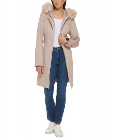 Women's Belted Faux-Fur-Trim Hooded Coat Tan/Beige $100.00 Coats