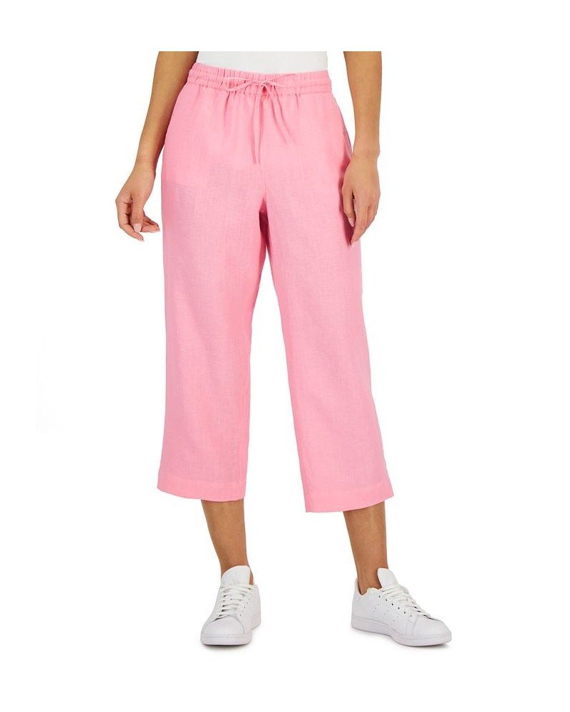 Women's Linen Capri Tie-Waist Pants Pink $20.03 Pants