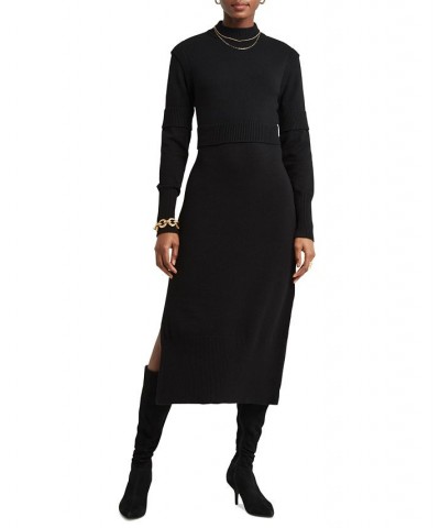 Women's Ribbed-Paneling Long-Sleeve Side-Slit Midi Dress Black $34.89 Dresses