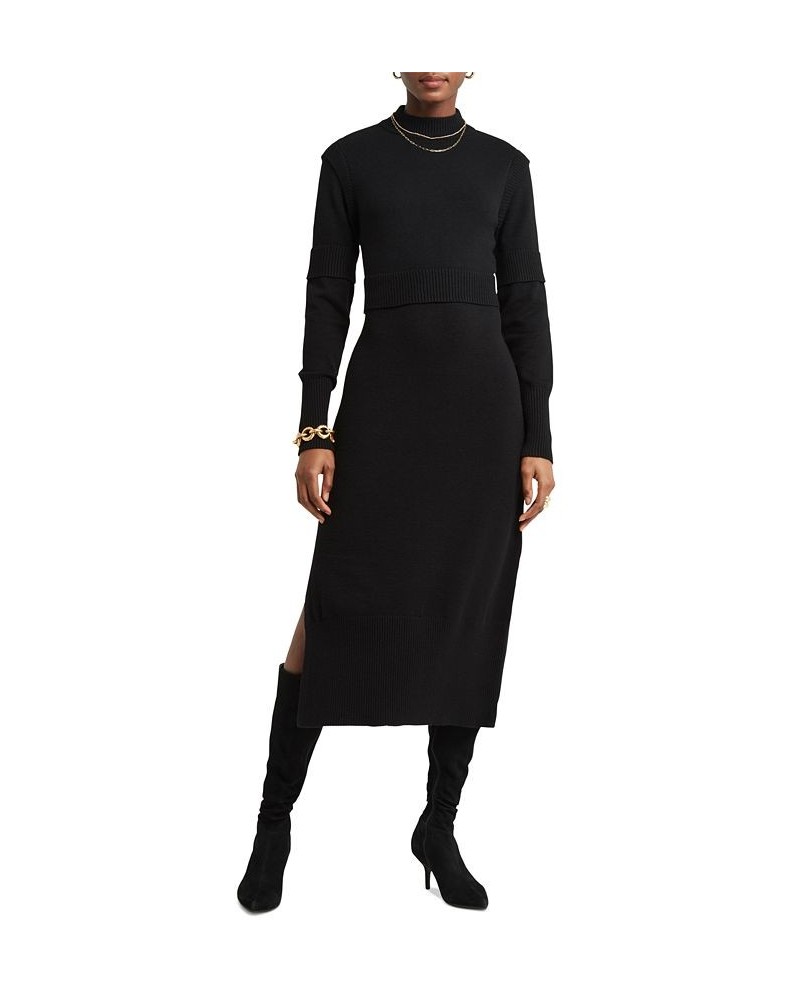 Women's Ribbed-Paneling Long-Sleeve Side-Slit Midi Dress Black $34.89 Dresses