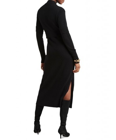 Women's Ribbed-Paneling Long-Sleeve Side-Slit Midi Dress Black $34.89 Dresses