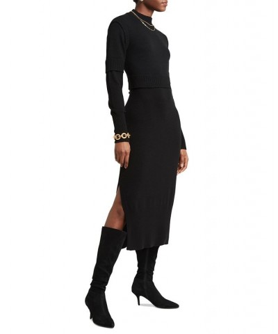 Women's Ribbed-Paneling Long-Sleeve Side-Slit Midi Dress Black $34.89 Dresses