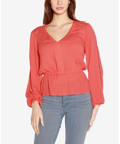 Black Label Women's Long Sleeve V-Neck Peplum Top Pink $38.00 Tops