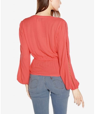 Black Label Women's Long Sleeve V-Neck Peplum Top Pink $38.00 Tops