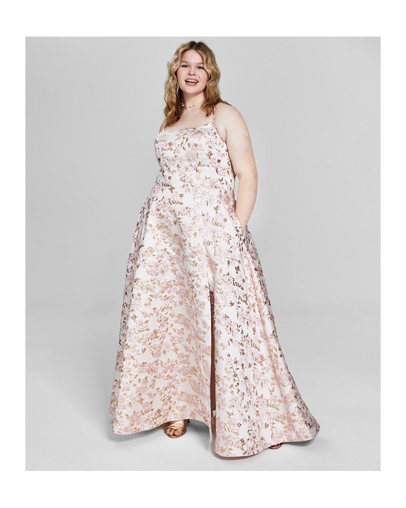 Trendy Plus Size Metallic-Jacquard Sleeveless Gown off-white/pink/gold $89.50 Dresses