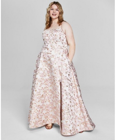 Trendy Plus Size Metallic-Jacquard Sleeveless Gown off-white/pink/gold $89.50 Dresses