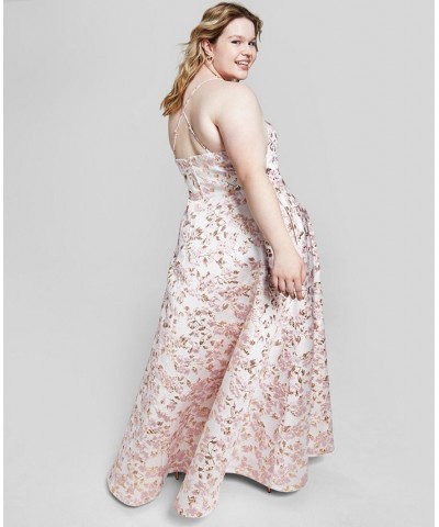 Trendy Plus Size Metallic-Jacquard Sleeveless Gown off-white/pink/gold $89.50 Dresses