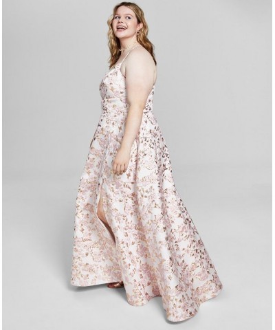 Trendy Plus Size Metallic-Jacquard Sleeveless Gown off-white/pink/gold $89.50 Dresses