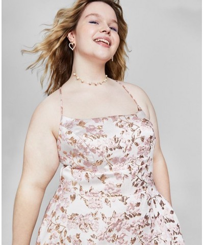 Trendy Plus Size Metallic-Jacquard Sleeveless Gown off-white/pink/gold $89.50 Dresses