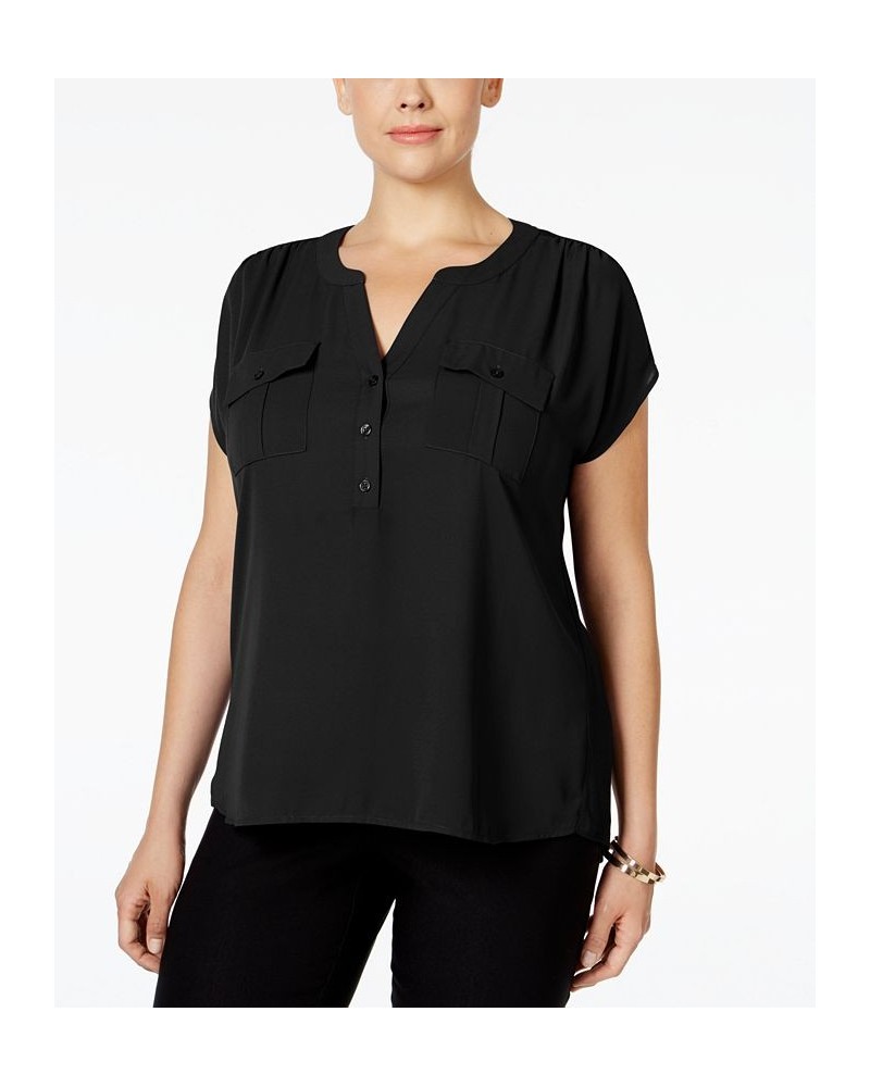 Plus Size Woven-Front V-Neck Top Deep Black $19.24 Tops