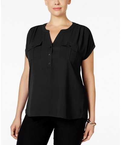 Plus Size Woven-Front V-Neck Top Deep Black $19.24 Tops