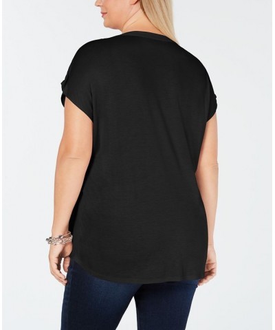 Plus Size Woven-Front V-Neck Top Deep Black $19.24 Tops