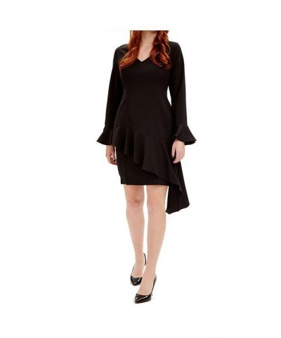 Asymmetric Ruffle V-neck Dress Black $138.40 Dresses