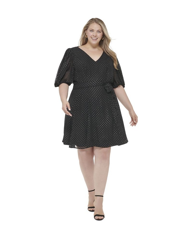 Plus Size V-Neck Balloon-Sleeve Tie-Waist Dress Black/Silver $34.07 Dresses