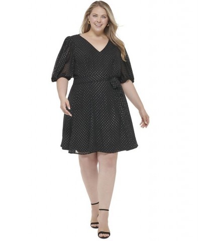 Plus Size V-Neck Balloon-Sleeve Tie-Waist Dress Black/Silver $34.07 Dresses