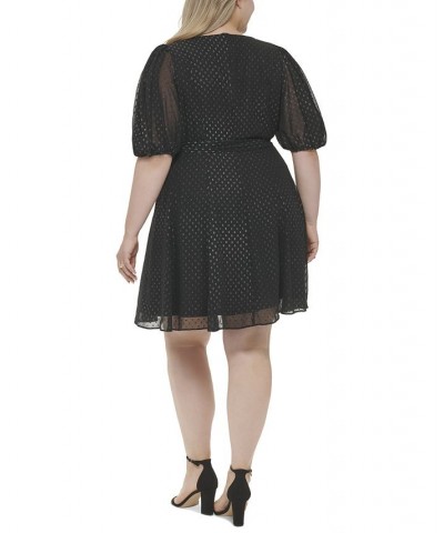 Plus Size V-Neck Balloon-Sleeve Tie-Waist Dress Black/Silver $34.07 Dresses