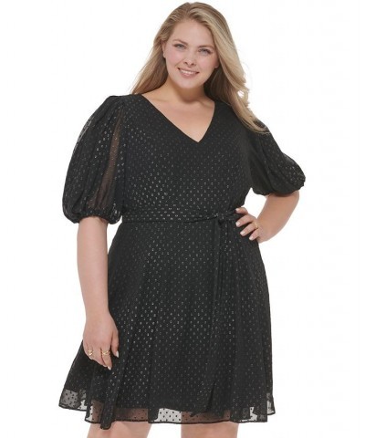 Plus Size V-Neck Balloon-Sleeve Tie-Waist Dress Black/Silver $34.07 Dresses