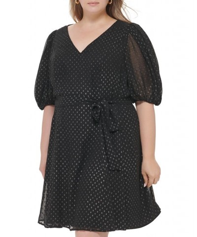 Plus Size V-Neck Balloon-Sleeve Tie-Waist Dress Black/Silver $34.07 Dresses