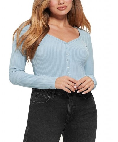 Women's Raylynn Ribbed Henley-Style Long-Sleeve Top Blue $28.98 Tops