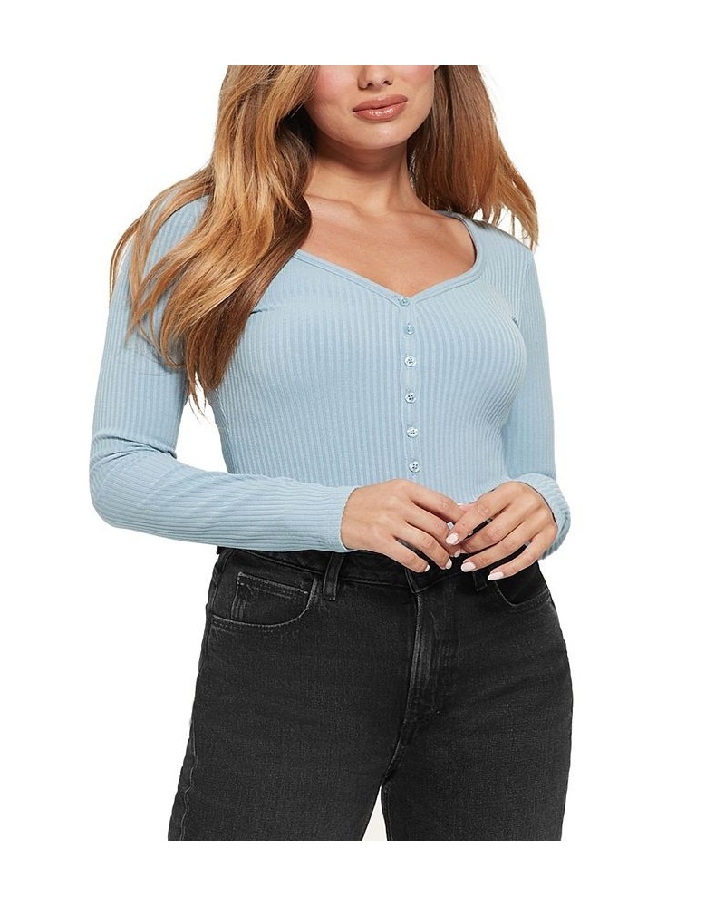 Women's Raylynn Ribbed Henley-Style Long-Sleeve Top Blue $28.98 Tops