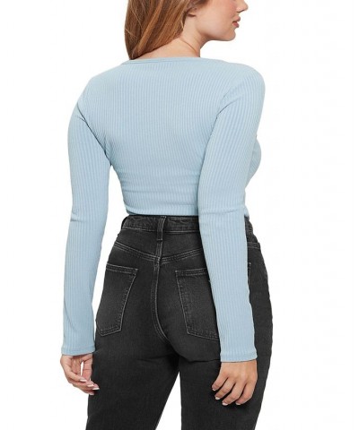 Women's Raylynn Ribbed Henley-Style Long-Sleeve Top Blue $28.98 Tops