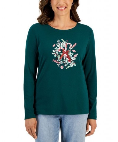 Women's Long-Sleeve Holiday Top Marine Green $10.07 Tops